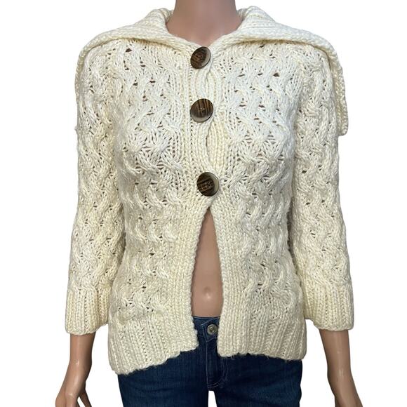 Y2K Bebe Chunky Fisherman Cardigan Sweater XS Cable Knit Button Down Fitted - Picture 1 of 13